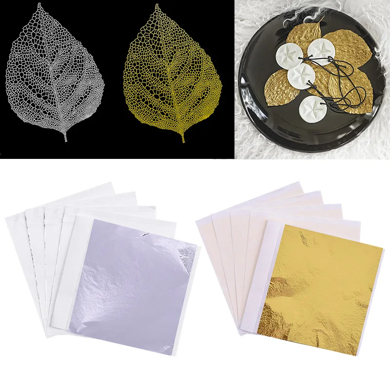14*14cm 100Pcs Imitation Silver Gold Leaf Paper Gold Foil Sheets Gilding Copper Foil Papers Leaf Leaves Sheets DIY Craft Decor