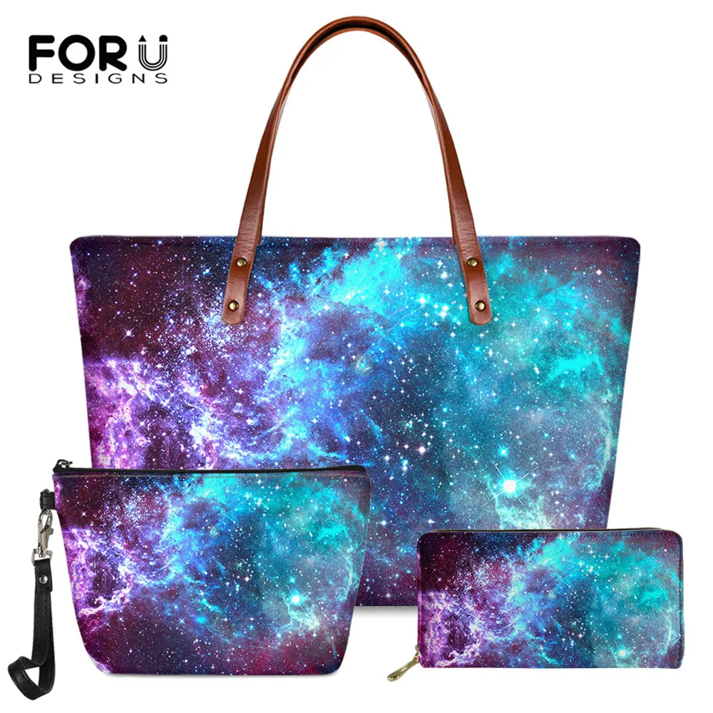 

FORUDESIGNS Universe Starry Sky Printed Famous Brand Ladies Tote Bag Hand Bag Portable Make Up Bag Long PU Leather Purse