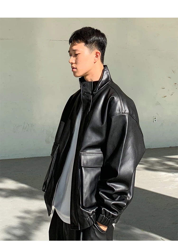 red leather jacket mens Korean Style Short Leather Jacket Men's Fashion Casual Black Motorcycle Jackets Mens Streetwear Loose Hip-hop Bomber Jacket Men leather vests