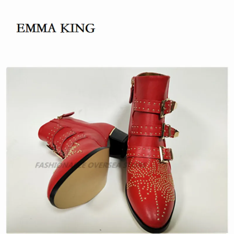 Red leather Шикарные кожаные ботильоны Susanna с шипами; Ботинки martin с круглым носком, заклепками и цветами; женские роскошные бархатные ботинки; женская обувь; zapatos mujer - Цвет: Red leather