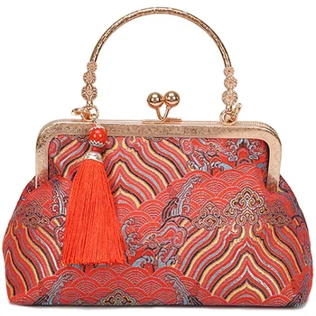 

Retro Su Haiya Wind Cloth Bag Temperament Elegant Tassel Cheongsam Bag Gold Banquet Bag Portable Diagonal Package Red