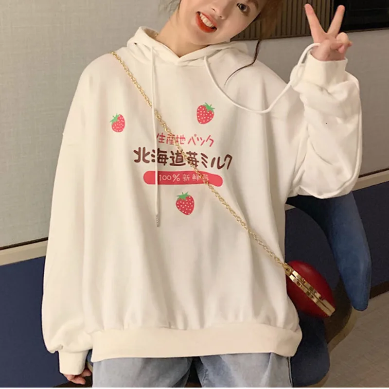 Fall Winter Hoodies Women Kawaii Japanese Strawberry Milk Letter Print Harajuku Sweatshirt Girls Long Sleeve Fleece Hooded Top