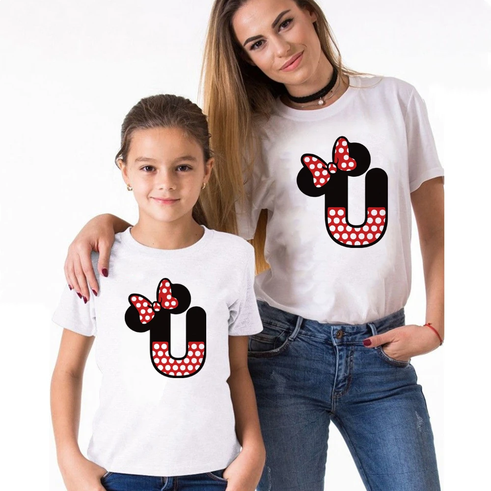 Minnie Mouse Alphabet ABC T Shirt Printed Disney Cartoon Cute Family Matching Shirts Summer Short Sleeve Tops | Мать и ребенок