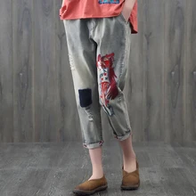 Новые летние женские шаровары с эластичной резинкой на талии, винтажные рваные джинсы с вышивкой, хлопковые джинсовые штаны, высокое качество, D549