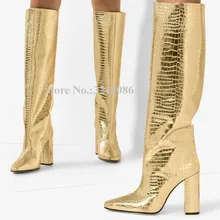 Новинка; сапоги до колена на массивном каблуке с принтом «крокодиловая кожа» золотистого цвета; фирменный дизайн; женские модные высокие сапоги на толстом каблуке; Прямая поставка; сезон зима