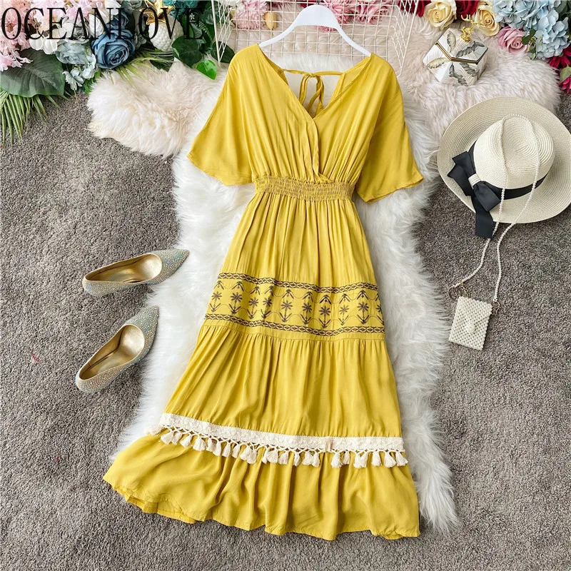 

OCEANLOVE Bohemian Floral Women Dress High Waist A-line Vintage V Neck Vestido 2020 Spring Summer Fashion Ins Long Dresses 14598