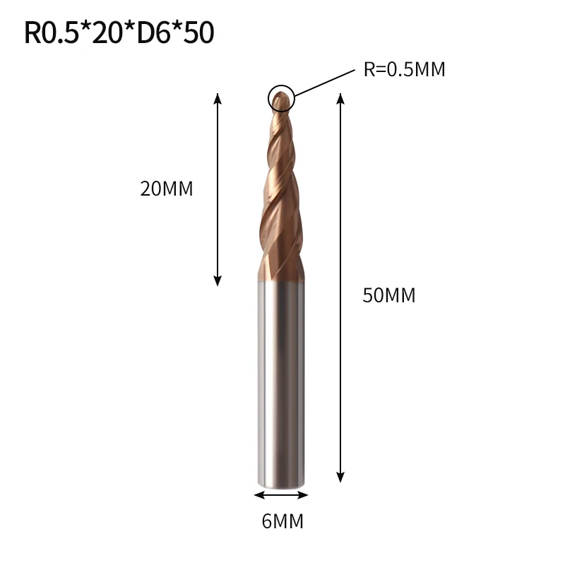 Augusttools Tapered cone Ball Nose End Mill HRC60 Cnc Taper Wood Metal Cutter Tungsten Solid Carbide Tapered Milling Cutter 4mm - Длина режущей кромки: R0.5X20XD6X50L