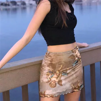 

Hot Wholesales Sexy Angle Print Mesh Sheer See Through Elastic Pleated Skirt High Waist Bodycon Skirts Mini Short Pencil Skirts