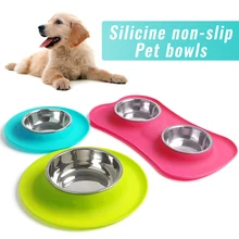 Junejour cuenco de silicona de acero inoxidable para mascotas, comedero antideslizante para perros y gatos, alimentación de agua, cuencos dobles(China)