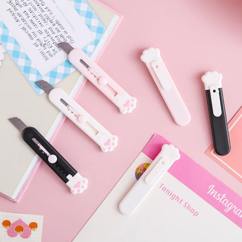 Cuchillo de utilidad Kawaii con forma de pata de gato, caja exprés portátil, cortador de papel, hoja rellenable para envolver manualidades, papelería