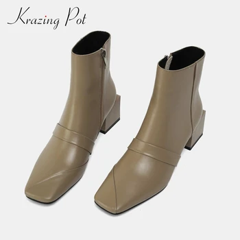 

Krazing Pot Chelsea boots natural leather modern solid gladiator square toe thick high heel zipper elegant lady ankle boots L12