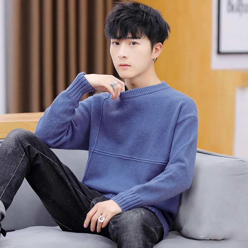 

men Autumn winter round neck long sleeve sweater loose casual trend men's solid color knitted sweaters