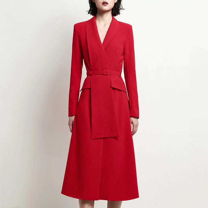 Max Spri, модный стиль, женское одноцветное платье с v-образным вырезом, без рукавов, пряжка на пояс, разрез спереди, офисное платье средней длины, красное