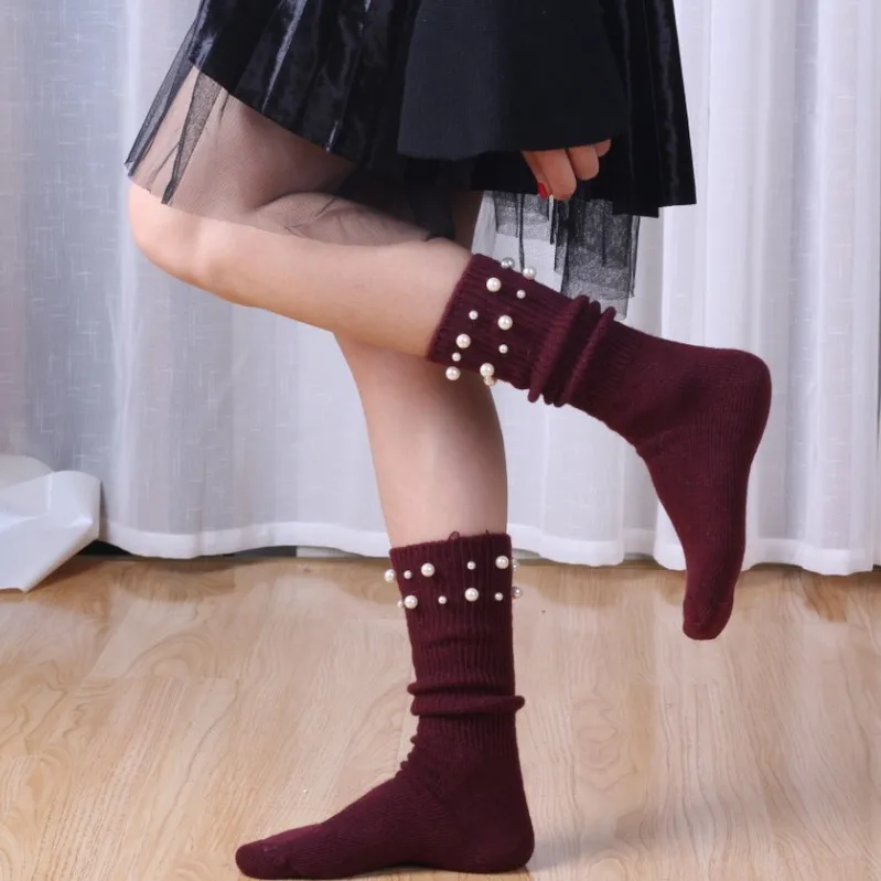 Осенне-зимняя Корейская версия новых носков с жемчужными гвоздями, шерстяные носки в тонкую полоску, теплые толстые женские носки