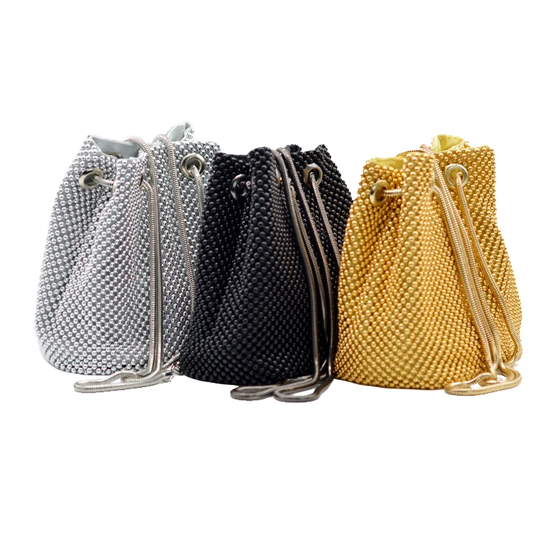 Top Quality Women Aluminum Ball Mesh Bucket Shoulder Bag Clutch Handbag Handmade Metal Strap Clutches Bridal Purse |