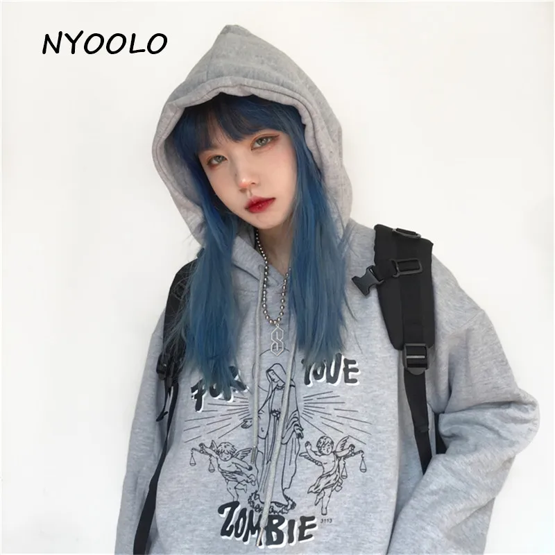 NYOOLO Vintage streetwear angel graffiti letters print warm hoodies Autumn winter hooded pullovers fleece sweatshirt women men