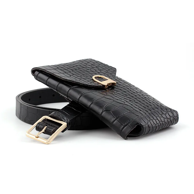 black AWAYTR из искусственной кожи крокодила ремни с узором Съемная сумка Портмоне Женская мода пояс винтажная булавка металлическая пряжка Универсальный - Цвет: black