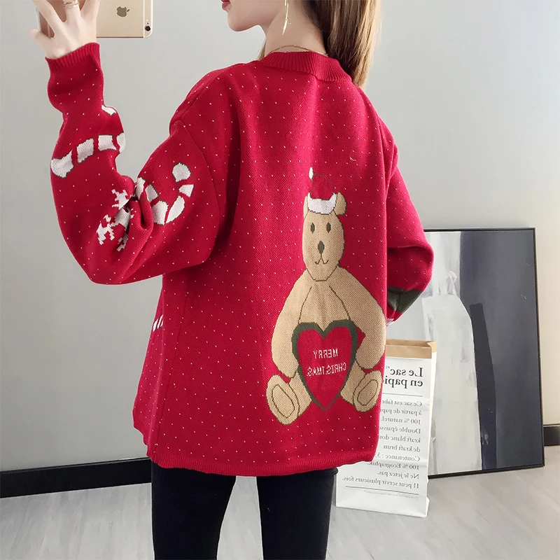 LEH мультфильм медведь женские рождественские свитера Kawaii красные вязаные топы Модный подарок девушки длинный рукав женский пуловер осень