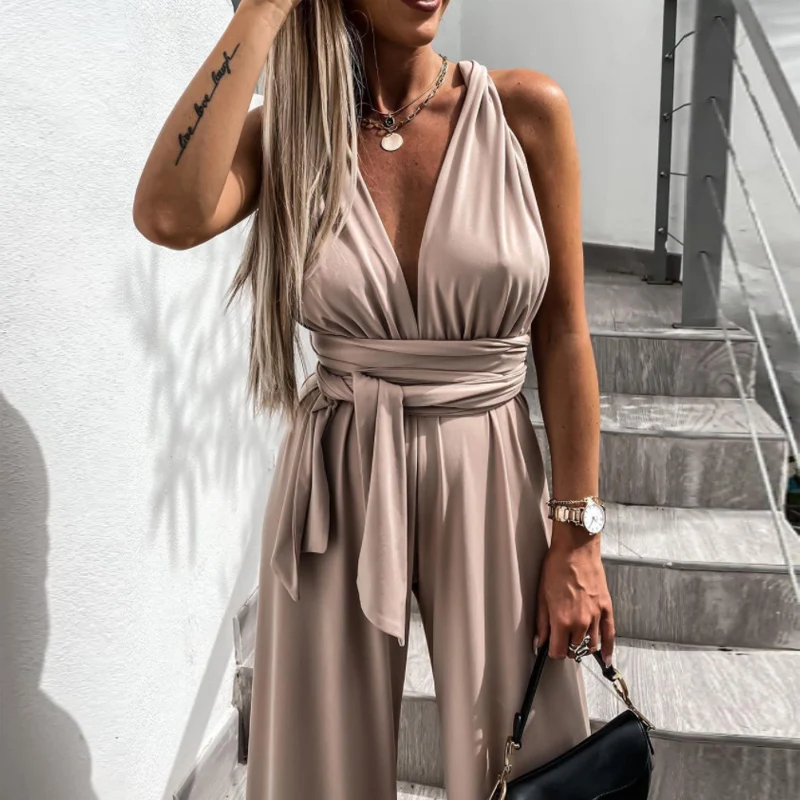 Summer Women Sleeveless Wide Leg Playsuits Sexy Deep V-neck Straps Belted Jumpsuit Fashion Spring Cross Backless Party Bodysuit |