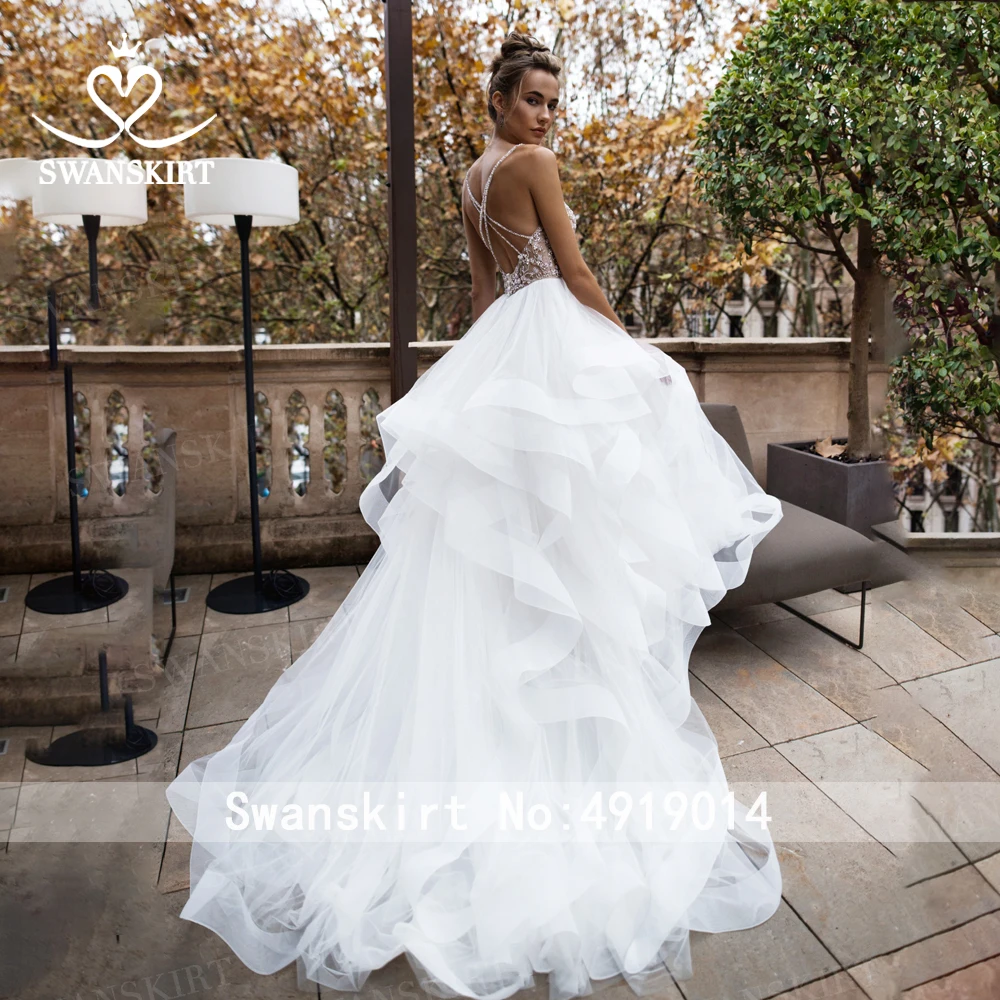 Роскошное вышитое бисером свадебное платье с жемчугом Swanskirt K313 Ruched Tulle A-Line Иллюзия Принцесса суд Поезд свадебное платье Vestido de novia