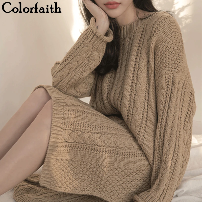 Colorfaith новинка 2019 Осень-зима женские платья одноцветные с разрезом свободные
