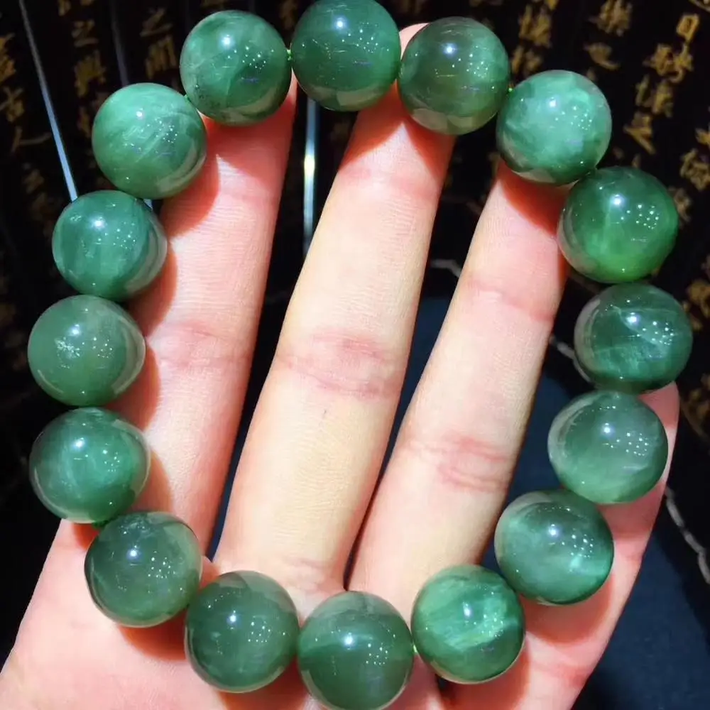 

Natural Green Rutilated Quartz Bracelet 13.5mm Cat Eye Women Female Stretch Crystal Round Bead Bracelet Drop Shipping
