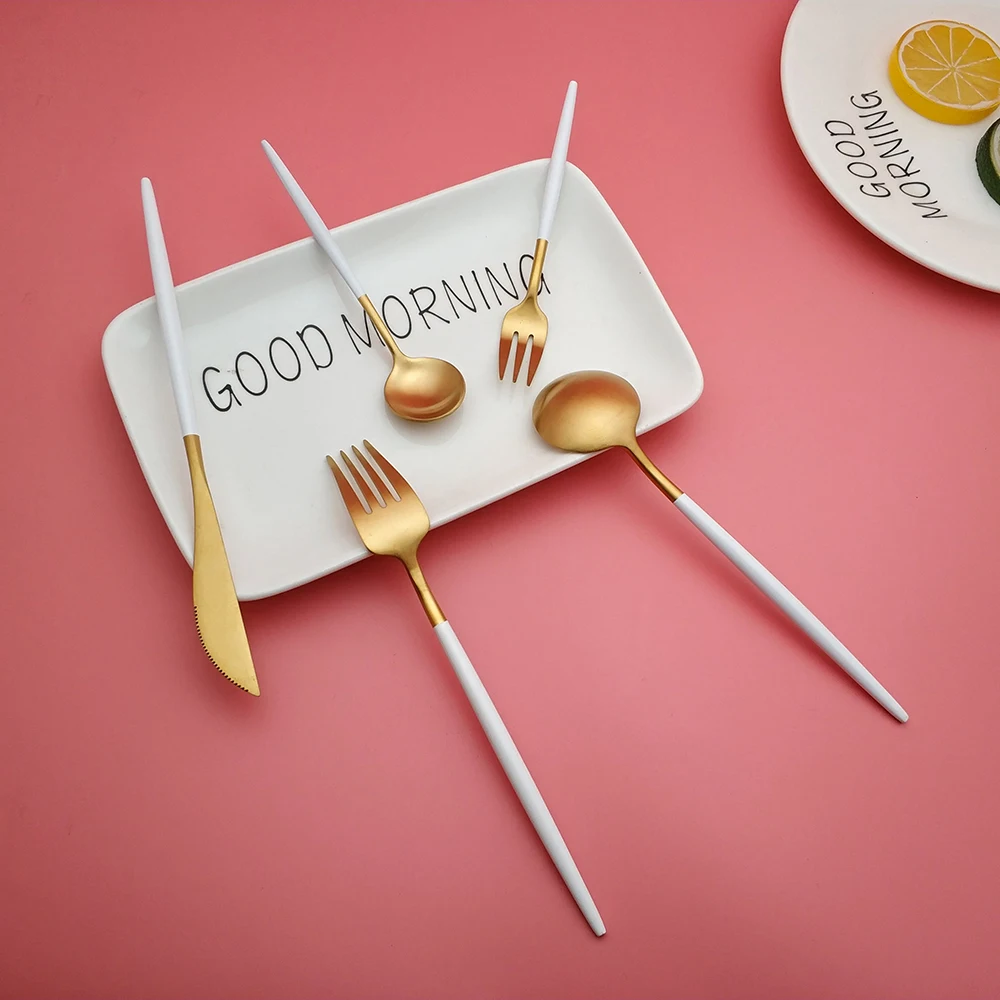 Hot Sale Small Size fourchettes couteaux cuilleres silverware stainless steel White Gold cutlery fork spoon knife dining set