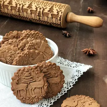 

Wood Christmas Printing Rolling Pin Wooden Carvings Snowman Cookies Rolling Crafts Pin Tree Elk Snowflake Embossing Christm E9L5