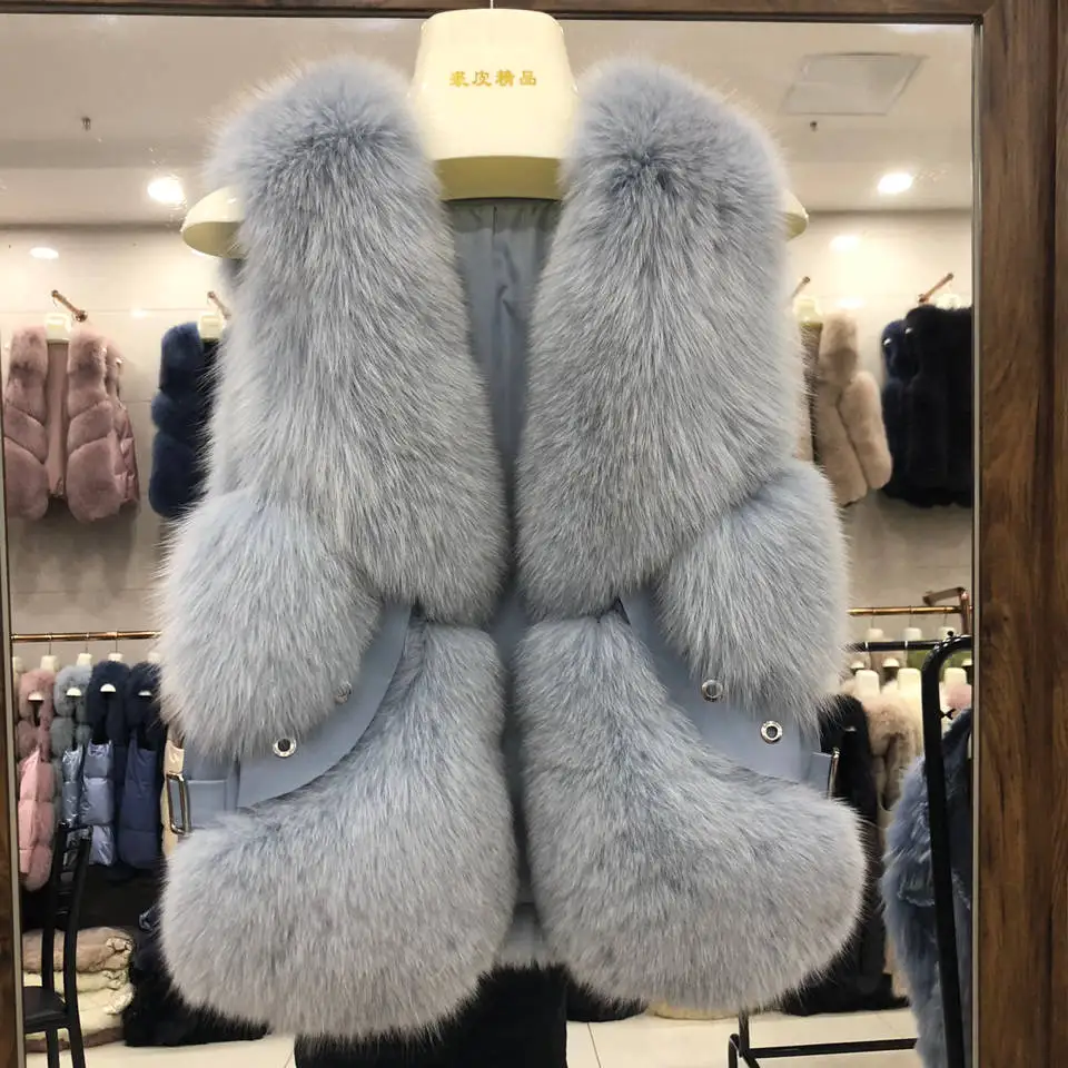 Женские зимние пальто жилетки из натурального Лисьего меха модные короткие меховые жилеты с кожаными заклепками женская натуральная меховая жилетка куртка N131