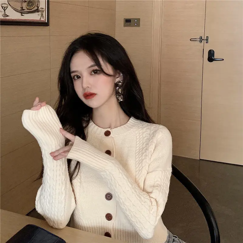 여성 스웨터 가디건, 가을과 겨울 스웨터 코트, 여성 가디건, 긴 소매 라운드 넥 싱글 단추 짧은 상의