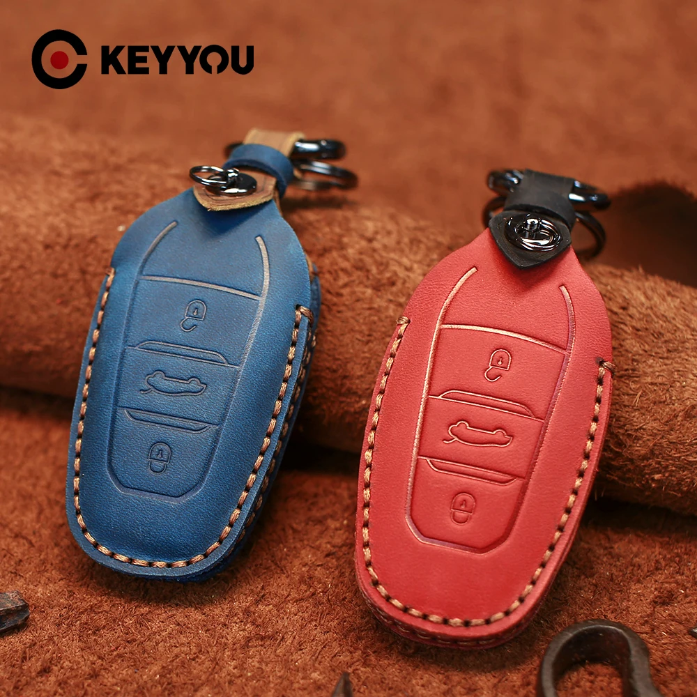 KEYYOU For Citroen Peugeot 508 301 208 308 408 307 206 Handmade Leather Car Key Case Pouch Cover Protector Skin | Автомобили и
