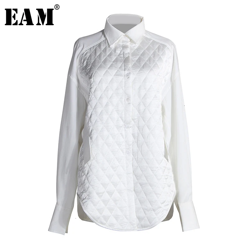  [EAM] Women White Brief Three-dimensional Blouse New Lapel Long Sleeve Loose Fit Shirt Fashion Tide