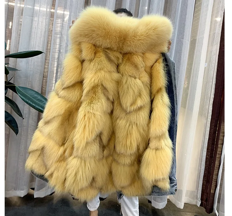yellow Джинсовая парка для женщин с натуральным мехом лисы, зимняя подкладка и воротник из натурального Лисьего меха, модное зимнее пальто размера плюс, Толстая теплая верхняя одежда - Цвет: yellow