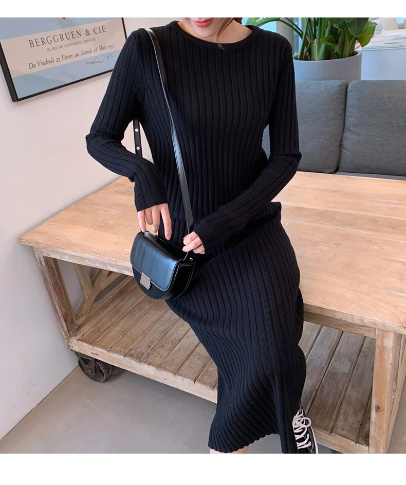 Длинный свитер с низким круглым вырезом в полоску, женский свитер ALKMENE, новинка, свитер выше колена, женское базовое повседневное модное трикотажное платье