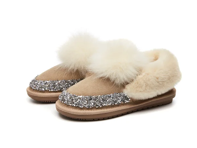 Кожаные зимние ботинки для женщин; зимняя обувь на плоской подошве; модные теплые ботильоны с блестками; женские зимние ботинки на резиновой подошве; женские зимние ботинки - Цвет: Beige
