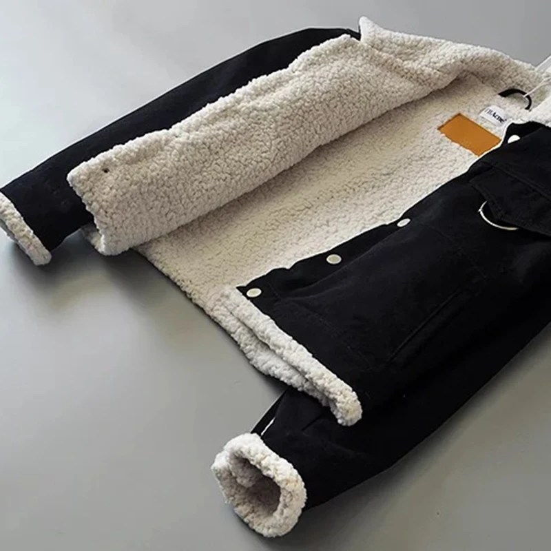Осень Зима Новинка женское джинсовое пальто из овечьей шерсти с большими карманами Длинные рукава теплое джинсовое пальто Верхняя одежда широкая джинсовая куртка
