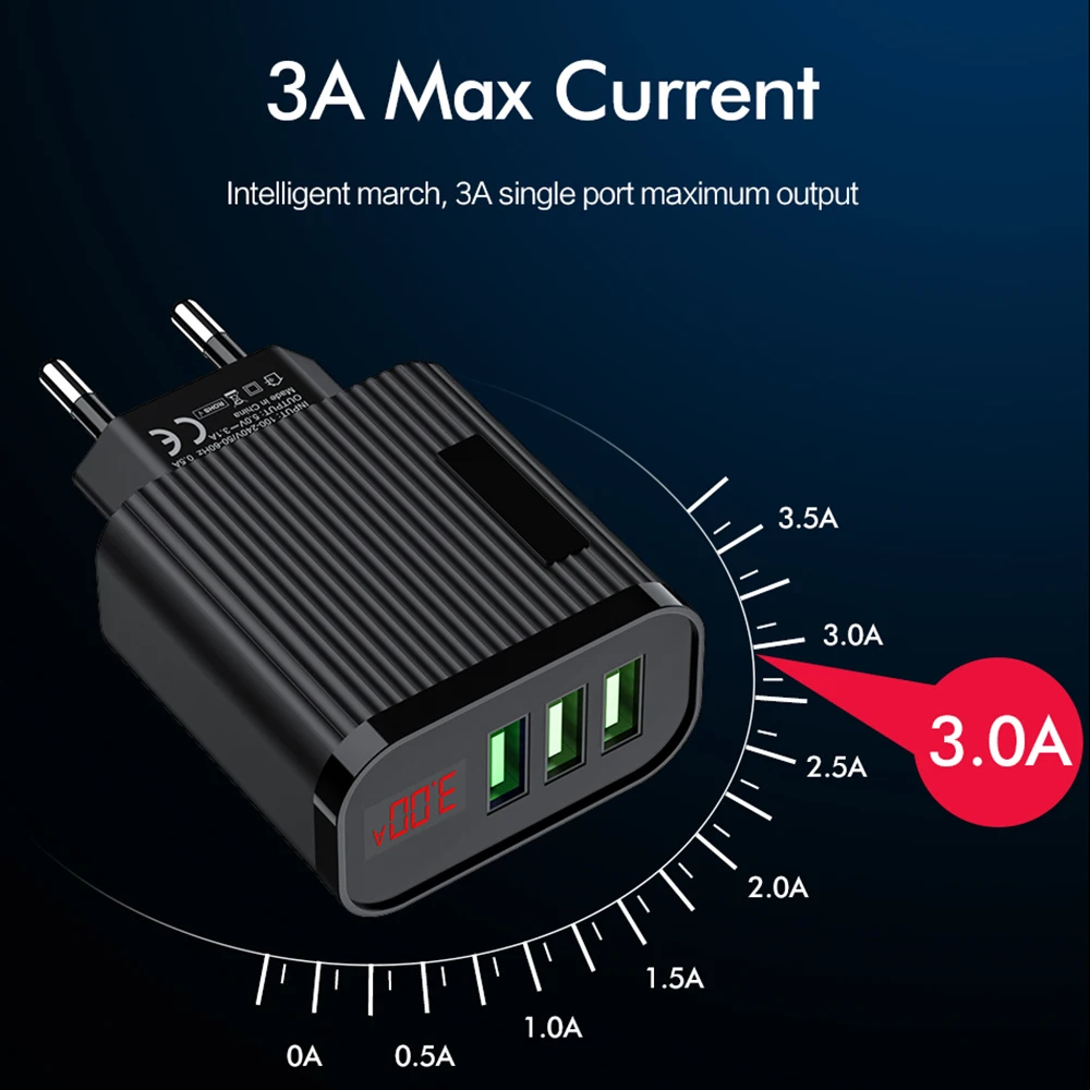 Зарядное устройство USB с цифровым дисплеем, 3 порта, 3 А, Макс., умное быстрое зарядное устройство для телефона, дорожное настенное зарядное устройство, адаптер с европейской вилкой для iPhone, samsung, Xiaom