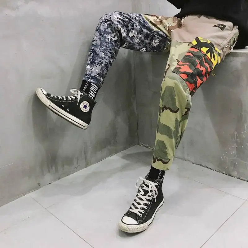 Цветные Лоскутные камуфляжные штаны хип уличная Harajuku беговые Штаны спортивные брюки повседневные мужские штаны