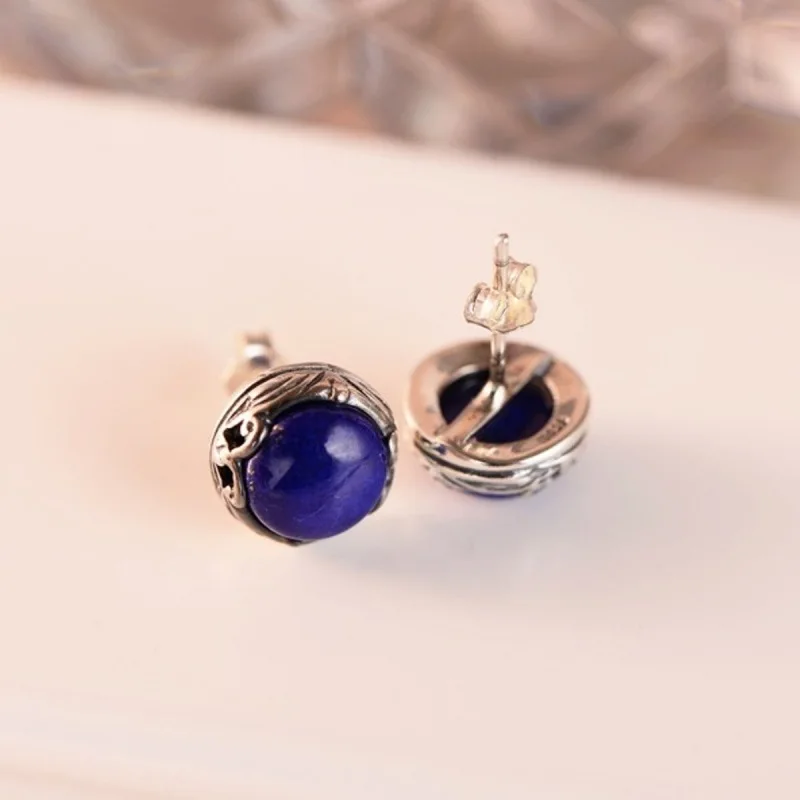 Lapis Lazuli Серьги из стерлингового серебра, лазурит/красный зеленый нефрит, круглые серьги-гвоздики, 16x10 мм, подарок для женщин - Цвет камня: Lapis Lazuli