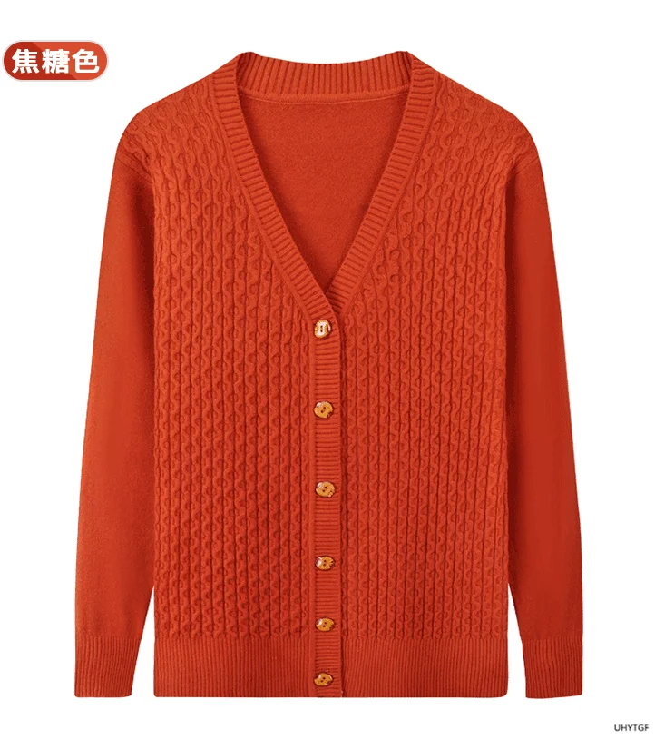UHYTGF Elegant Mother Spring Autumn Sweater Jacket Single-Breasted Knitted Cardigan For Women Fashion V-Neck Loose Size Coat1447