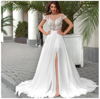 

Scoop Neck Vintage Lace Appliques Top A-Line Wedding Dresses Split Side Sexy Bridal Gowns Buttons Back 2021 Beach Robe De Mariee