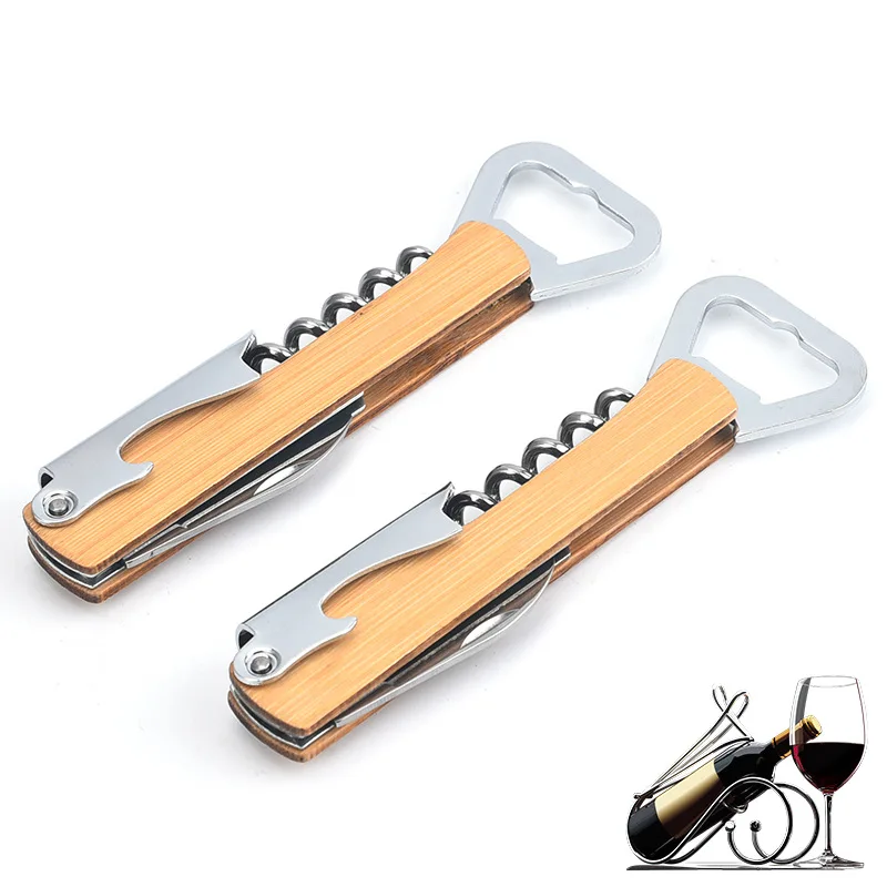 

100Pcs/Lot Bamboo Handle Stainless Steel Hand-Held Deluxe Bottle Opener Corkscrew Double Hinge Waiters Wine Bottle Opener