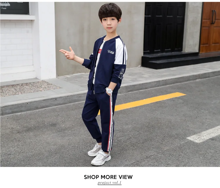 Children's clothing spring autumn new simple boy suit long-sleeved zipper color matching coat+ pants 4-14 baby boy clothes