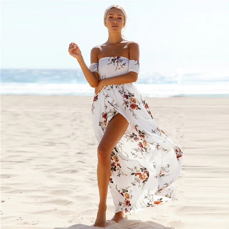 

Sexy One-Shoulder Short-Sleeved Open-Back Stitching Printed Wrap Chest Beach Skirt 2020 New Chiffon Elastic Waist Holiday Dress