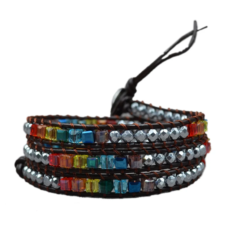 Chakra Bracelet Jewelry Handmade Leather Wrap Bracelet Spare Crystal Beads Natural Stone Bracelet Brown