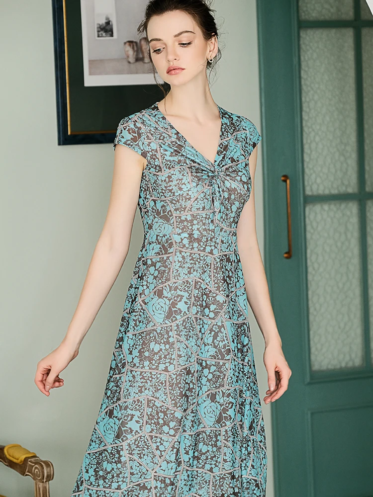 Павлин синий печати сетки OL v-образным вырезом платье тонкая талия темперамент элегантность женское платье C1841
