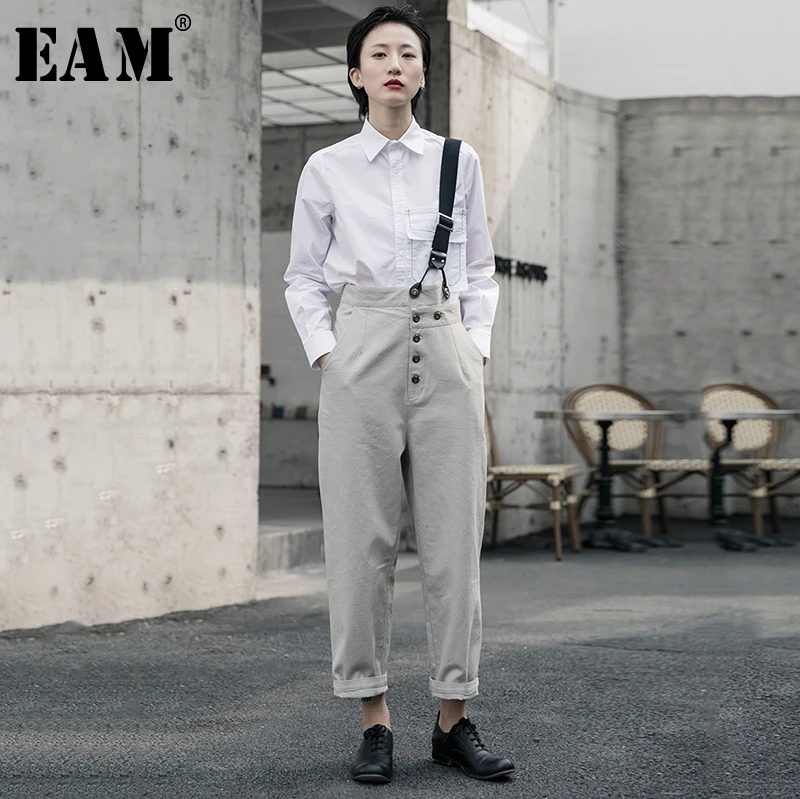 Button Trousers Fit-Pants Split-Joint High-Waist Women Fashion EAM Loose Overalls Autumn