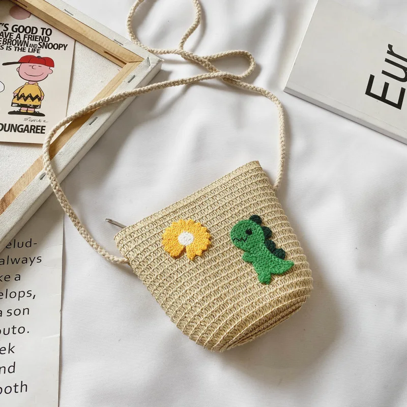 

Children's baby messenger bag girls summer beach flowers straw woven coin purse princess cute shoulder bag tide