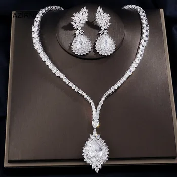 

Classic Cubic Zirconia Crystal Necklace and Drop Earrings Dubai Wedding Bridal Jewelry Sets With Colorful Rhinestones Decoration