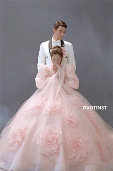 Dvotinst Women Photography Props Elegant Wedding Dress Puff Sleeve Tutu Pink Korean Formal Dresses Studio Shooting Photo Clothes 2